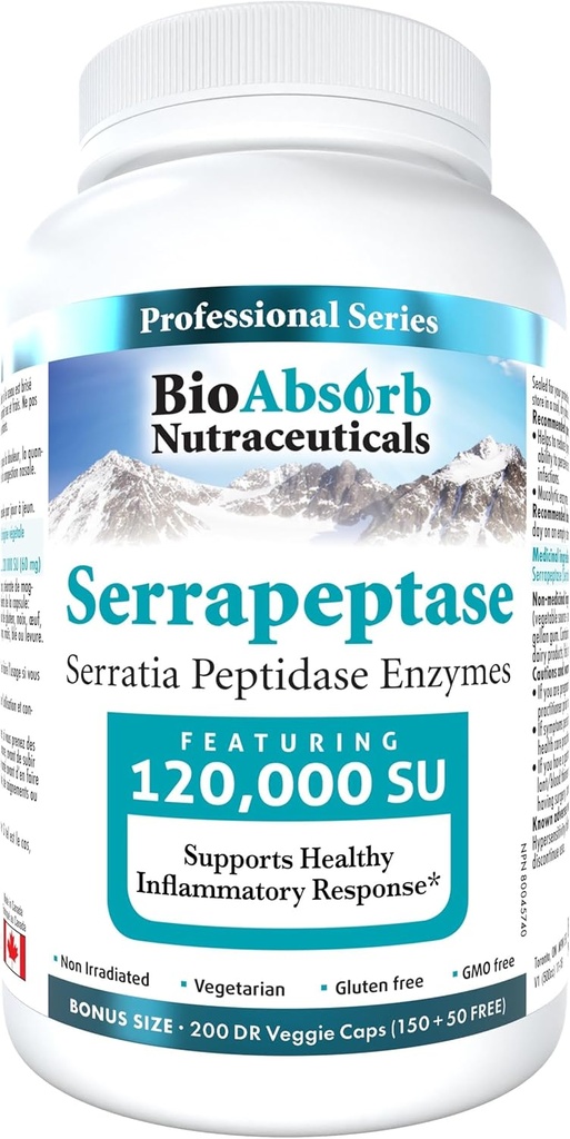 Bio Absorb Serrapeptase Enzyme, High Potency 120000 Units (SPU), 200-Day Supply, Delayed Release Vegetarian Capsules (DRcaps) para la absorción máxima