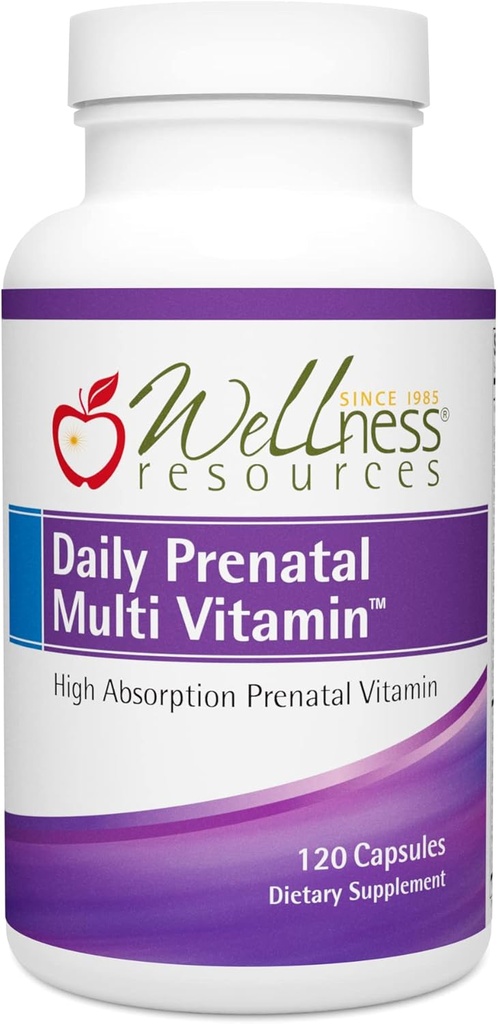 Wellness Resources Daily Prenatal Multi Vitamin - Methylated Folate Zinc Iron Bisglycinate Choline " Key Nutrients - Vitaminas posparto posnatales naturales para mujeres - 120 caps