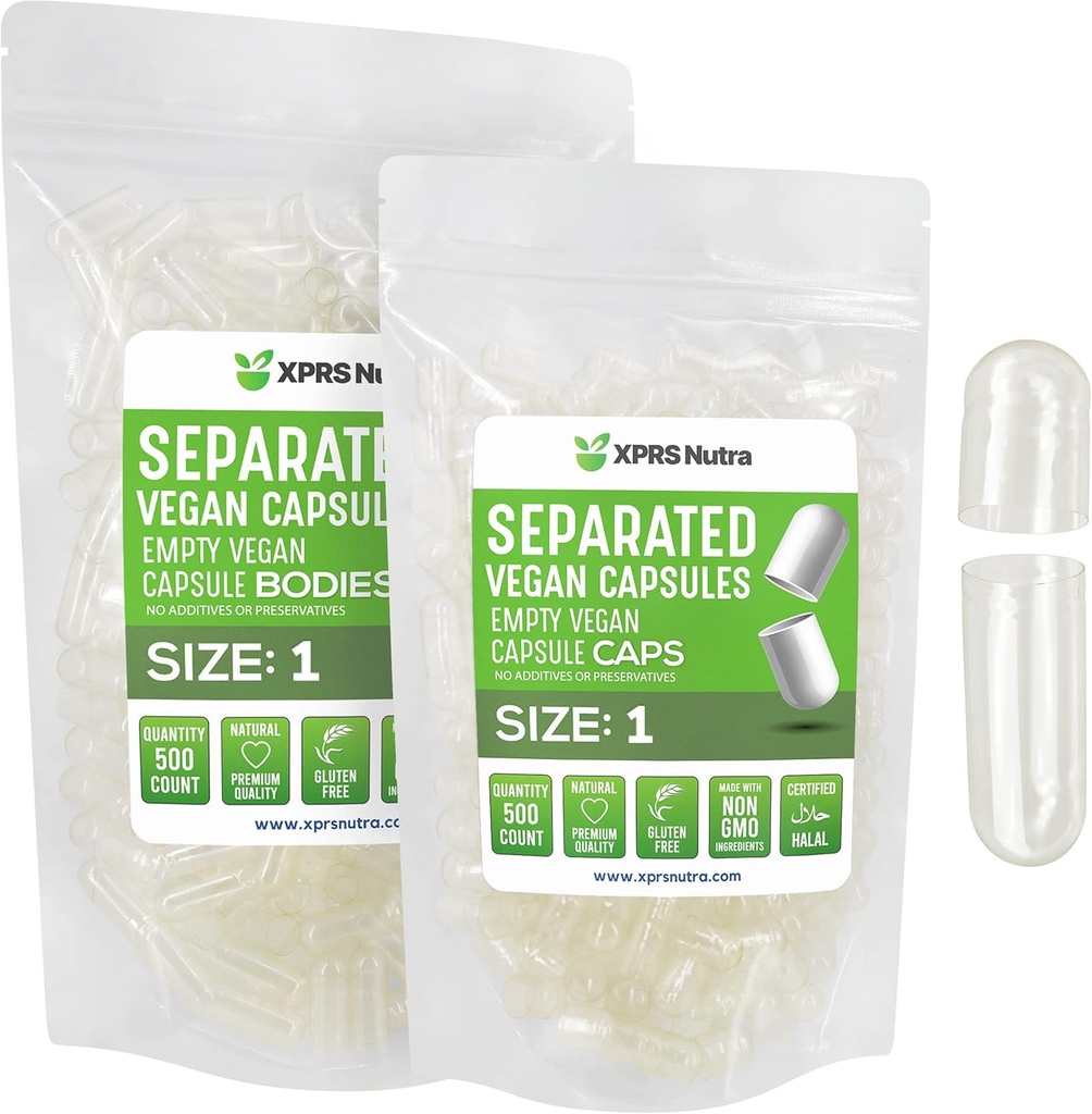 XPRS Nutra Vegan Tamaño 1 Cápsulas separadas - 500 Cápsulas de vacío Premium Separadas en bolsas - Píldoras claras 1 Vacío para relleno de suplementos DIY