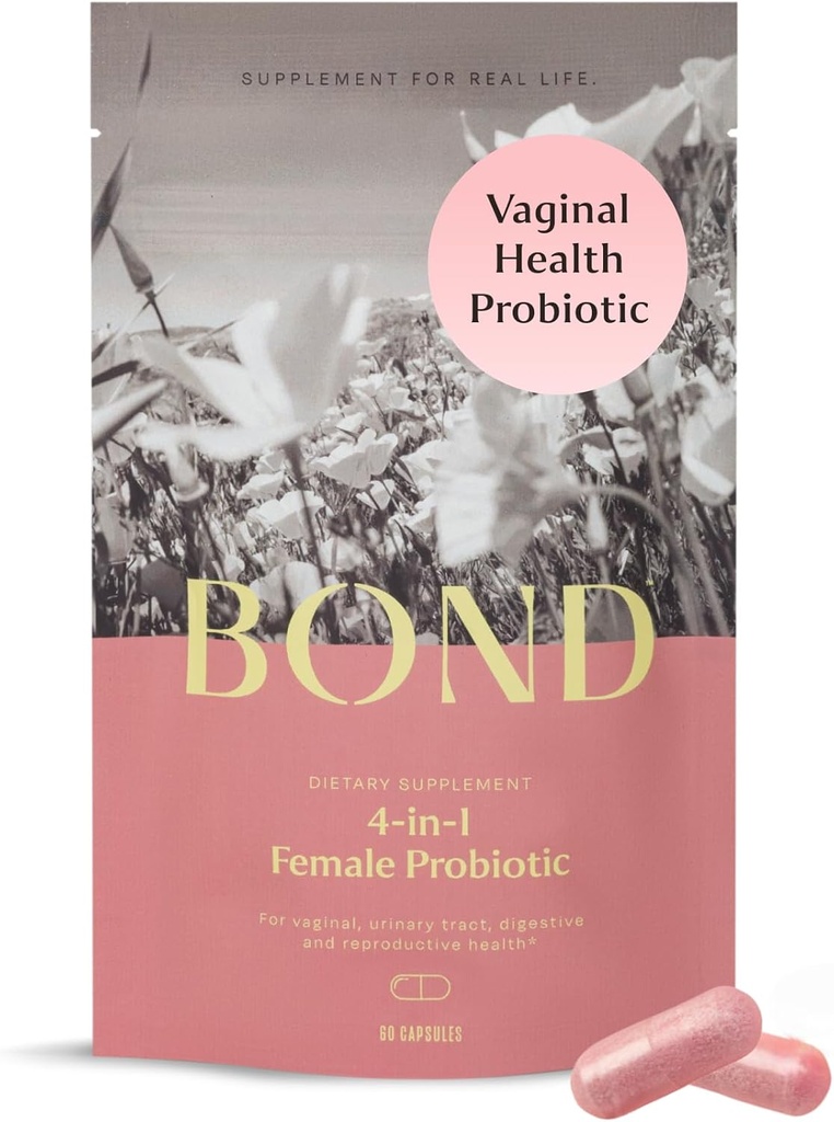 BOND 4-in-1 Probióticos femeninos - Vaginal Probióticos para Mujeres, Strains de Lactobacillus, Arándano, Prebióticos - Vaginal Health, Complejo de Equilibrio, BV, Gut & Digestive Support, Womens Health - 60 Count