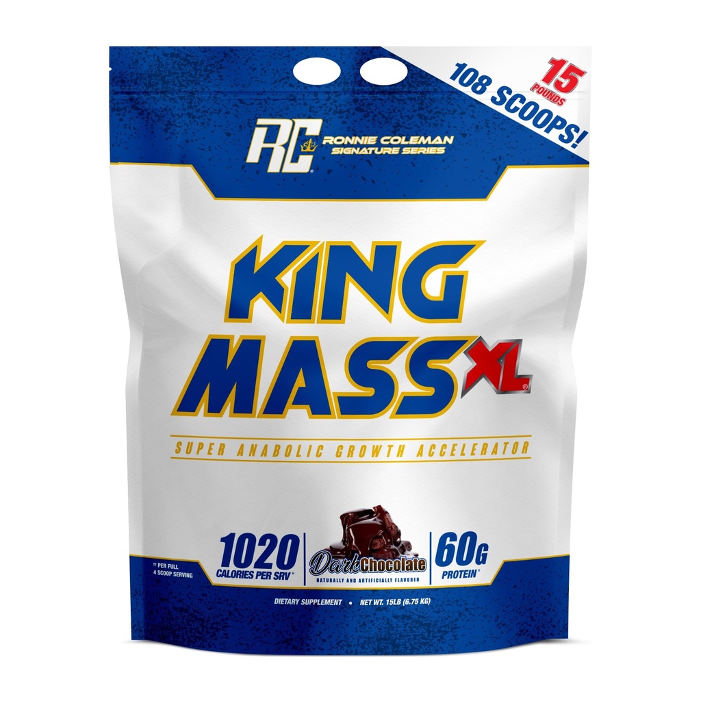Ronnie Coleman Signature Series King Mass XL Mass Gainer Protein Powder, Muscle Gainer, 60g Protein, 180g Carbohydrates, 1000+ Calories, Creatine y Glutamine, Dark Chocolate, 15 libras