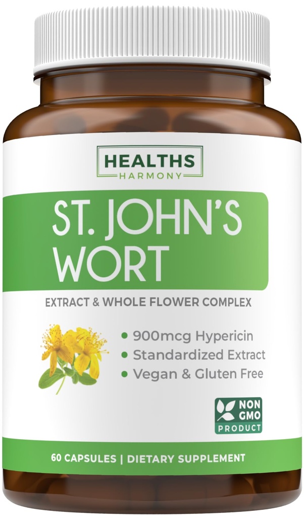 St John's Wort Capsules - Potente &amp; Potente Extracto Wort de San Juan &amp; Complejo entero Herb Estándarizado a 900mcg Hypericin para equilibrar el soporte diario Mood - Vegan Non-GMO & Lab Verified (60 Caps)