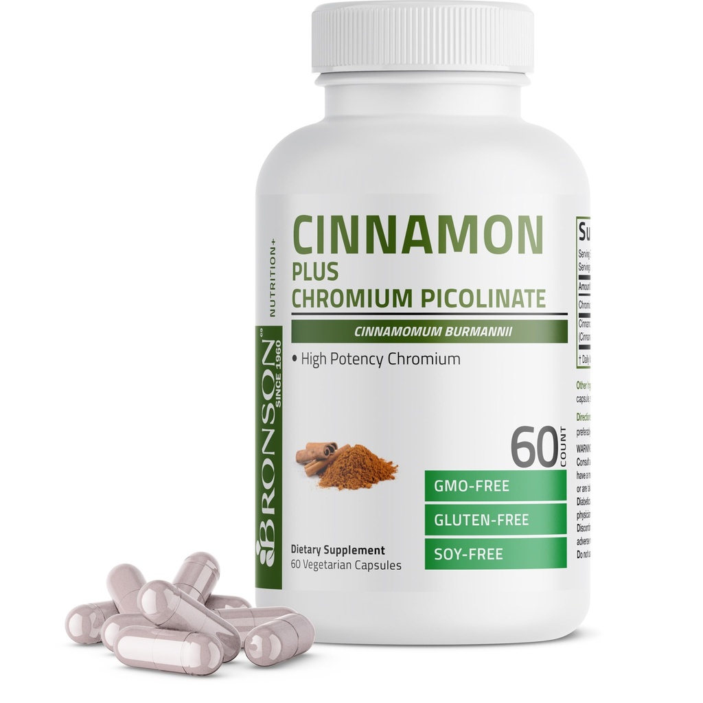 Bronson Cinnamon Plus Chromium Picolinate Suplemento, High Potency Chromium, Non-GMO, 60 cápsulas vegetarianas