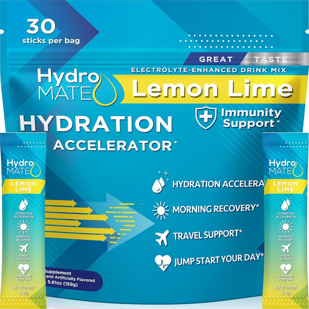 HydroMATE Electrolyte Powder Lemon Lime Hydration Packets Low Sugar 30 Cuenta