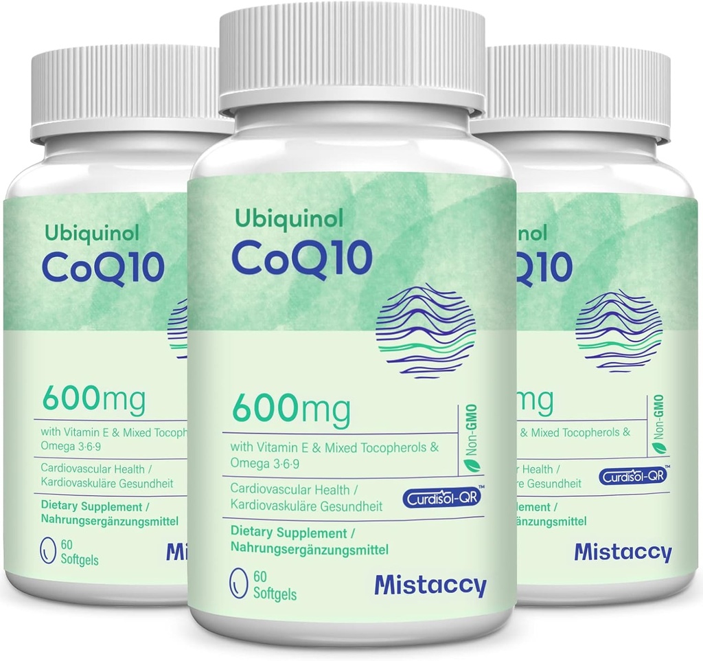 CoQ10 600mg Softgels ← Absorción alta CoQ10 Ubiquinol Suplemento Silencio Forma reducida Mejorada con vitamina E & Omega 3 6 9 Silencio Antioxidante Powerhouse Good for Health ← 180 Soft