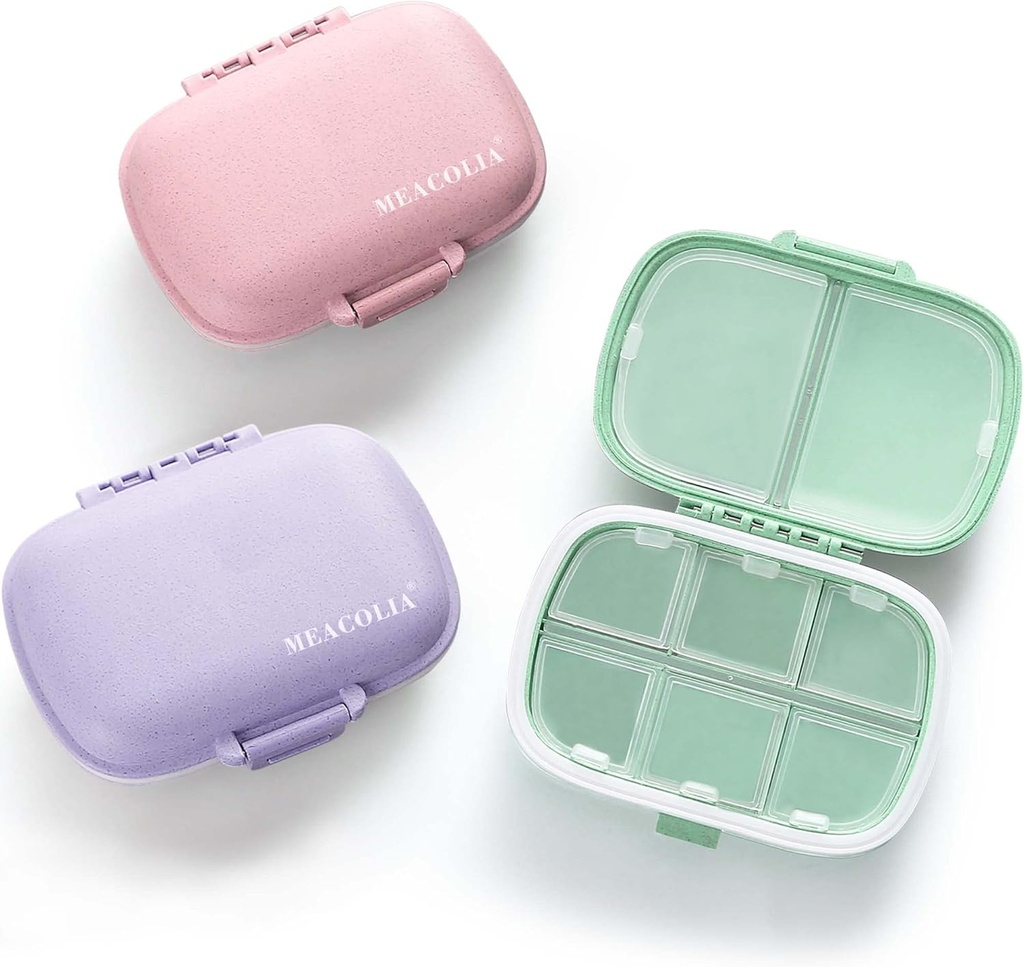 MEACOLIA 3 Pack 8 Compartimientos Organizador de píldoras de viaje, Caja de Píldora Pequeña Caja de Píldora para Púrpura, Contenedor de Píldoras portátiles Medicina de la vitamina Organizer (Purple, verde, rosa)