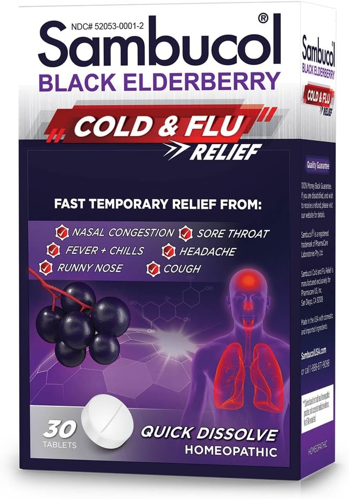 Sambucol Cold y Flu Relief Tablets - Homeopática de Medicina Fría, Remedio Frío para Adultos, Black Elderberry for Colds, Zinc Cold Remedy - 30 Conde