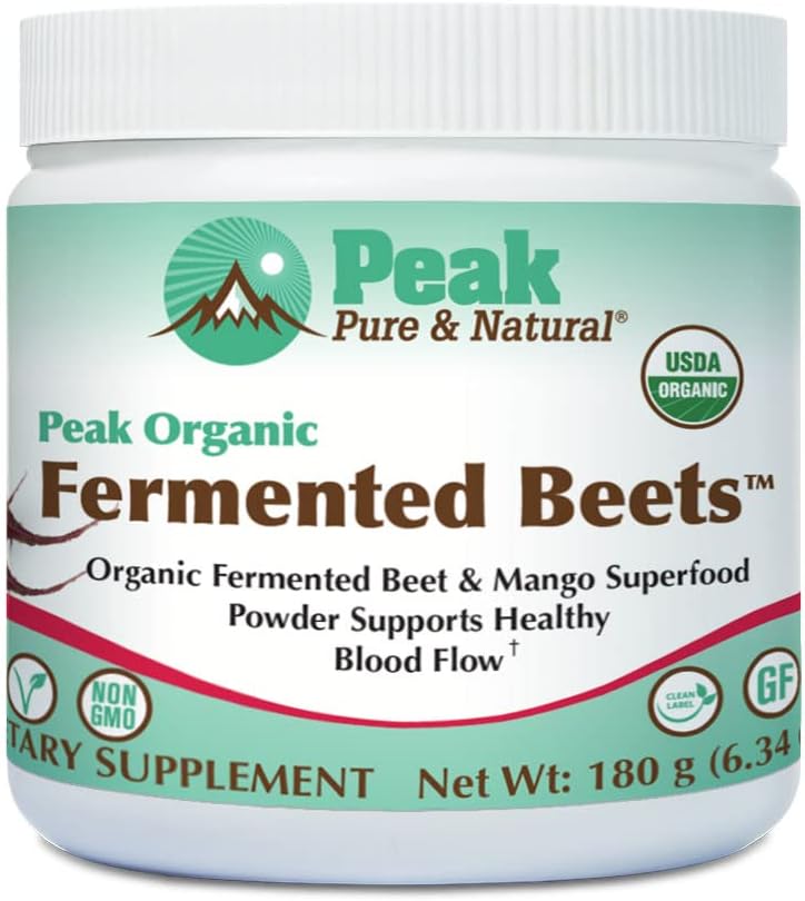 Peak Pure " Natural Peak Organic Fermented Beets - Organic Fermented Beet Powder Superfood Drink Powder - Suplemento de óxido nítrico de soporte para presión arterial normal