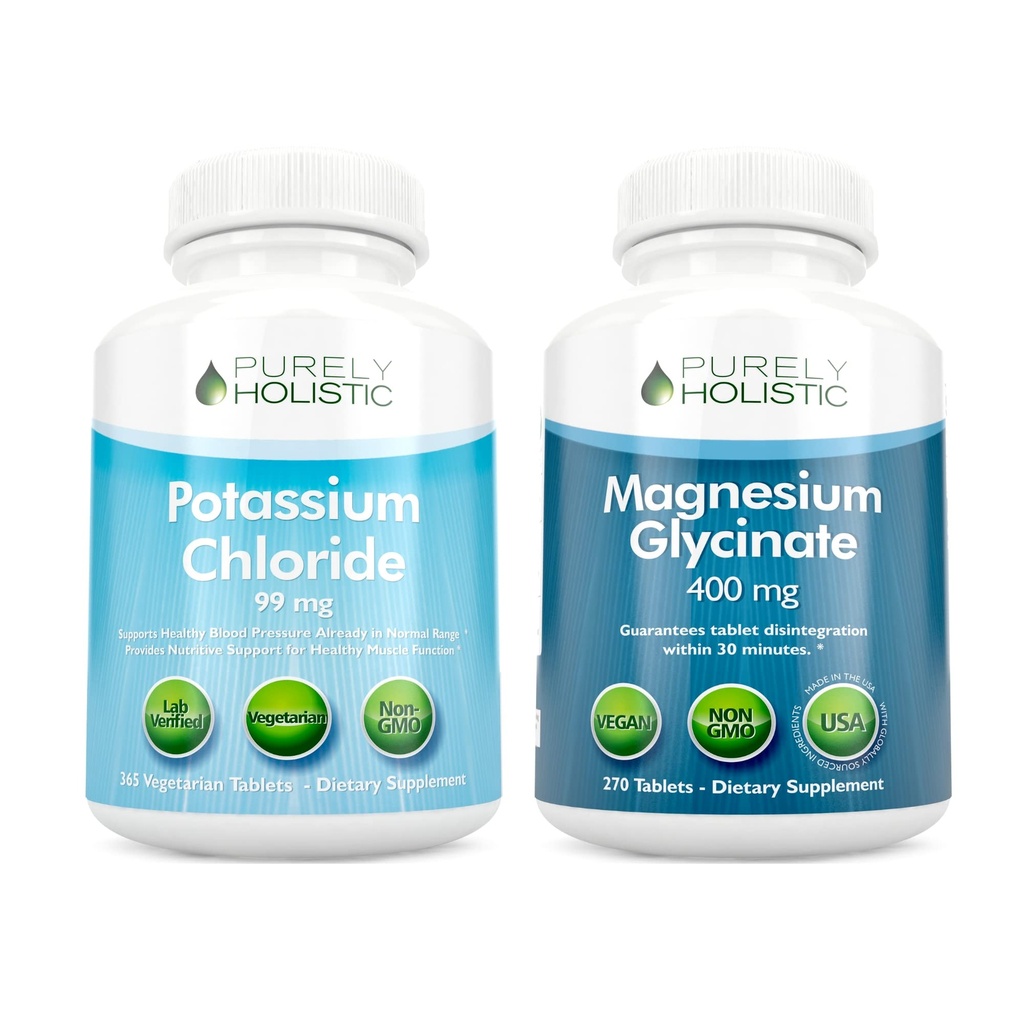 Potassium Chloride 99mg + Magnesium Glycinate 400mg - 365 + 270 Tablets - Vegetarian Bundle - Made in USA