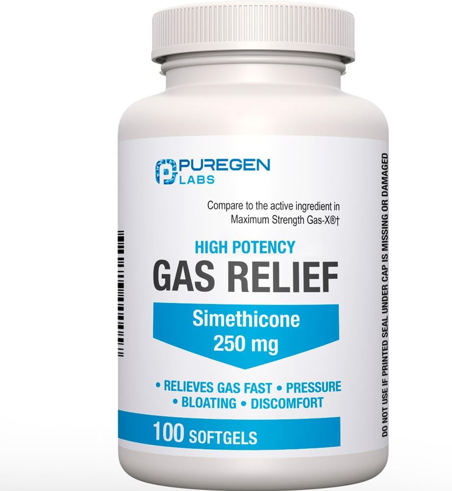 Maximum Strength Gas Relief Softgels con Simethicone 250 mg Alivio de presión, ruborización y molestias dolorosas Comparar con Gas-X y Phazyme -100 Conde