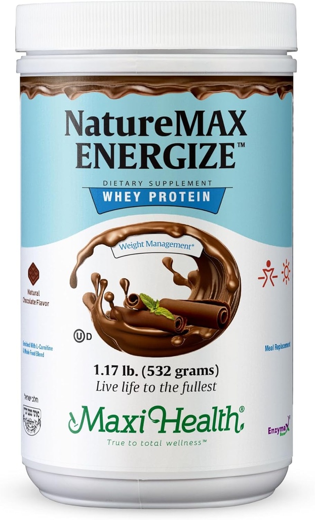 NatureMax EnergizeTM Whey Protein Powder- Energy Support Meal Replacement - 20g Proteína Por Servir - Sabor de Chocolate Natural - Vitamina Dairy Kosher - 1.17lb