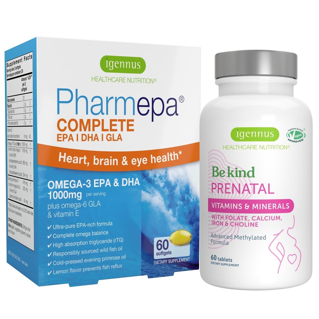 Advanced Prenatal Multivitamin & Pharmepa Complete EPA DHA rTG Omega 3 1000mg Pregnancy Support Bundle, by Igennus