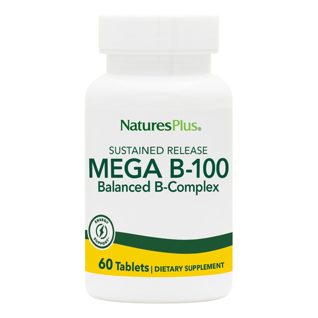 NaturesPlus Mega B-100 Complejo - 60 Tablas de liberación sostenidas - Complejo B equilibrado - Apoyo energético - Vegetariano, Gluten Gratis - 60 Servimientos