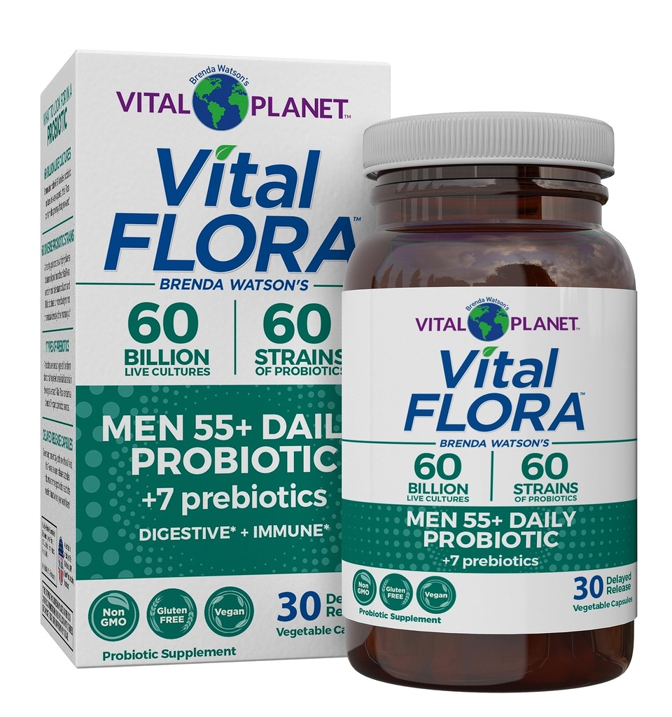 Planeta Vital - Vital Flora Hombres 55+ Probiótico diario, 60 Billones CFU, 60 Strains Diversos, 7 Prebióticos Orgánicos, Apoyo Inmunitario, Alivio de Gas, Colon y Probióticos de Salud Digestivo para Hombres 30 cápsulas