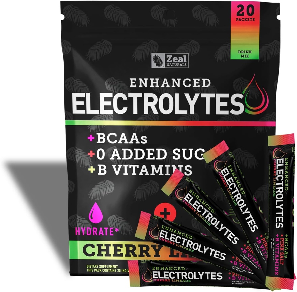 Enhanced Electrolyte Powder Stick Packs (Cherry Limeade tención 20 Packets) w / 0 Sugar +BCAAs +B-Vitamins Suplemento electrolito w Potasio Zinc & Magnesio para la hidratación - Keto Electrolitos
