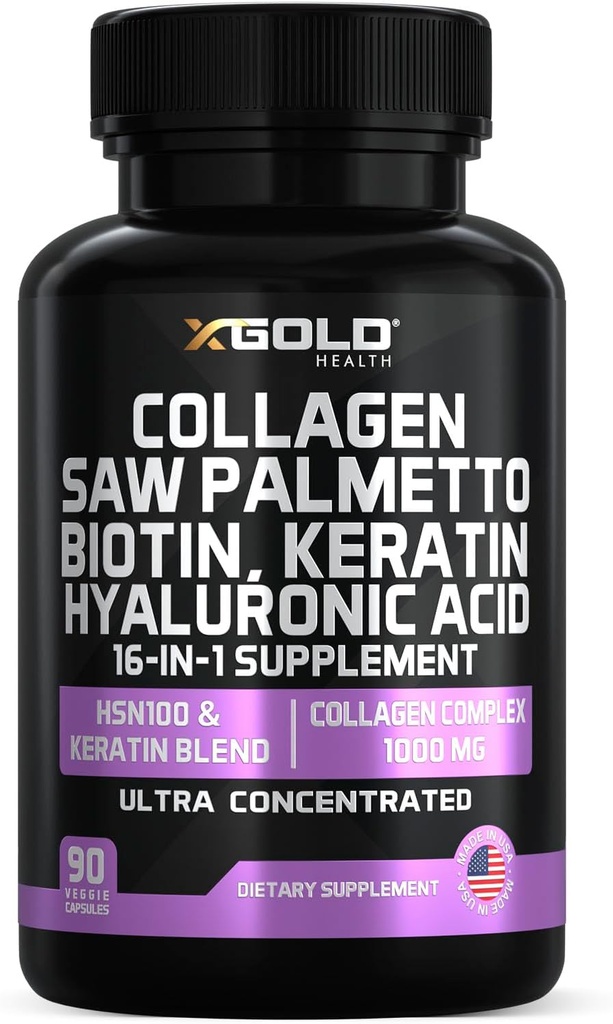 [BRSRMCD4PMFWAETU] Complejo Collagen, I, II, III, V, 1.000 mg de biotina 10.000 mcg, Keratina, Ácido Hialurónico, Saw Palmetto, Vitaminas C & E – Advanced HSN Formula for Men & Women – 90 cápsulas Vegan