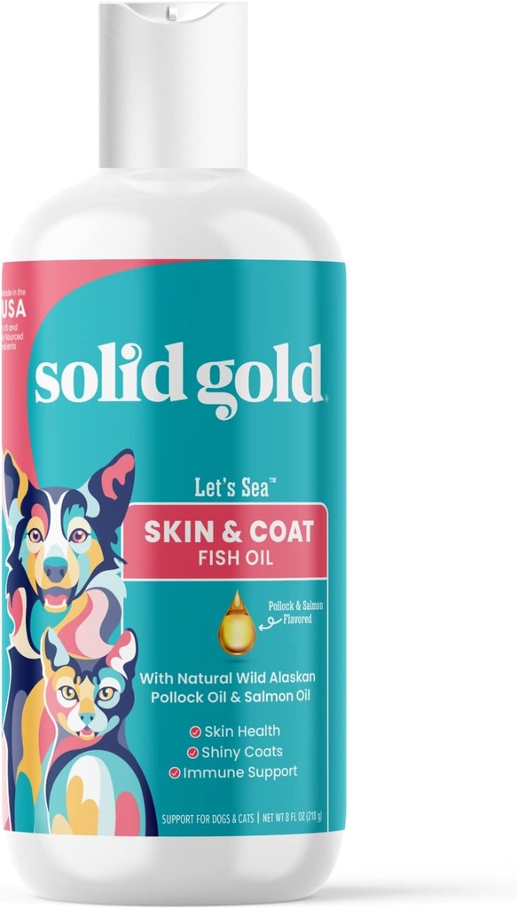 Oro sólido Omega 3 aceite de pescado para perros & gatos - Aceite Salvaje de Salmón de Alaska para perros Skin and Coat Support - Omega 3 Dog Supplement Liquid w/Pollock, Fatty Acids, EPA & DHA for Immune Support - 8oz Botella