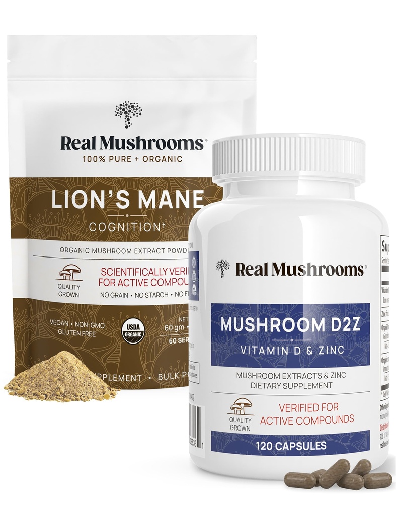 Setas Reales Vitamina D2, Zinc Chelated, Chaga, Reishi (120ct) y Mane Powder de León Orgánico (60 Servings) Bundle - Immunity and Cognitive Support, Ausorción Mejorada - Vegan, Gluten Gratis, No GMO