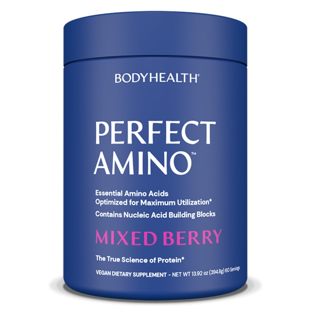 BodyHealth PerfectAmino Powder - BCAA and EAA Powder for Pre and Post Workout - Amino Acid Energy Drink for Hombres and Women to Support Lean Muscle and Recovery - Mixed Berry - 60 Servings