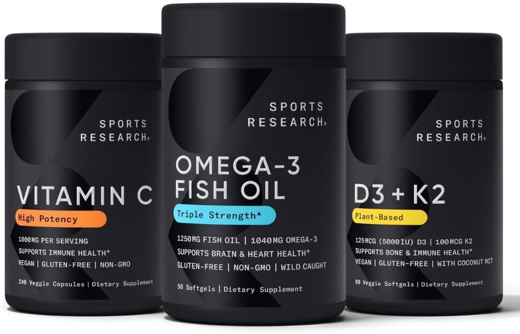 Sports Research 1250 mg Omega 3 Burpless Fish Oil - Wild Alaskan Pollock - (90 Conde), High Potency Vegan Vitamina C 1000mg (240 Conde) + Vegan 5000iu Vitamina D con 100mcg Mk7 Vitamina K (60 Cuenta)