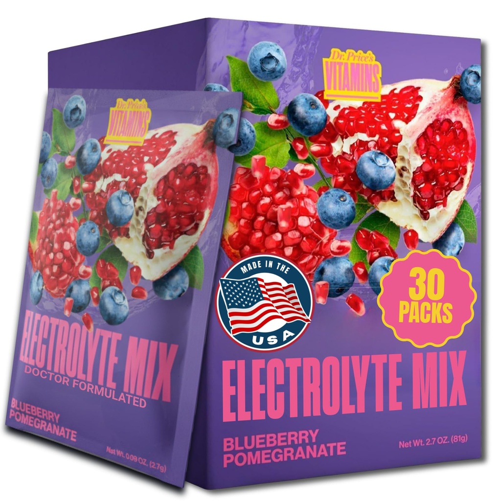 Dr. Price's Vitamins Electrolytes Powder Packets Blueberry Pomegranate 30pk | Sugar Free Hydration, Electrolyte Mix, Sodium, Potassium & 72+ Trace Minerals, Keto Friendly, Made in USA, Doctor-Formulated