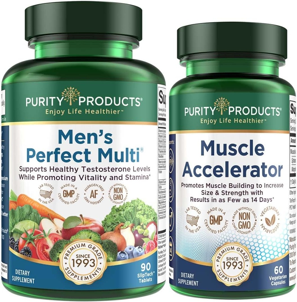 Productos de pureza Acelerador de músculos + Bundle múltiple perfecto para hombres - Acelerador de músculo clínicamente probado Blend - Avanzado Hombres Multivitamina - Promueve fuerza + Soportes Niveles saludables de testosterona