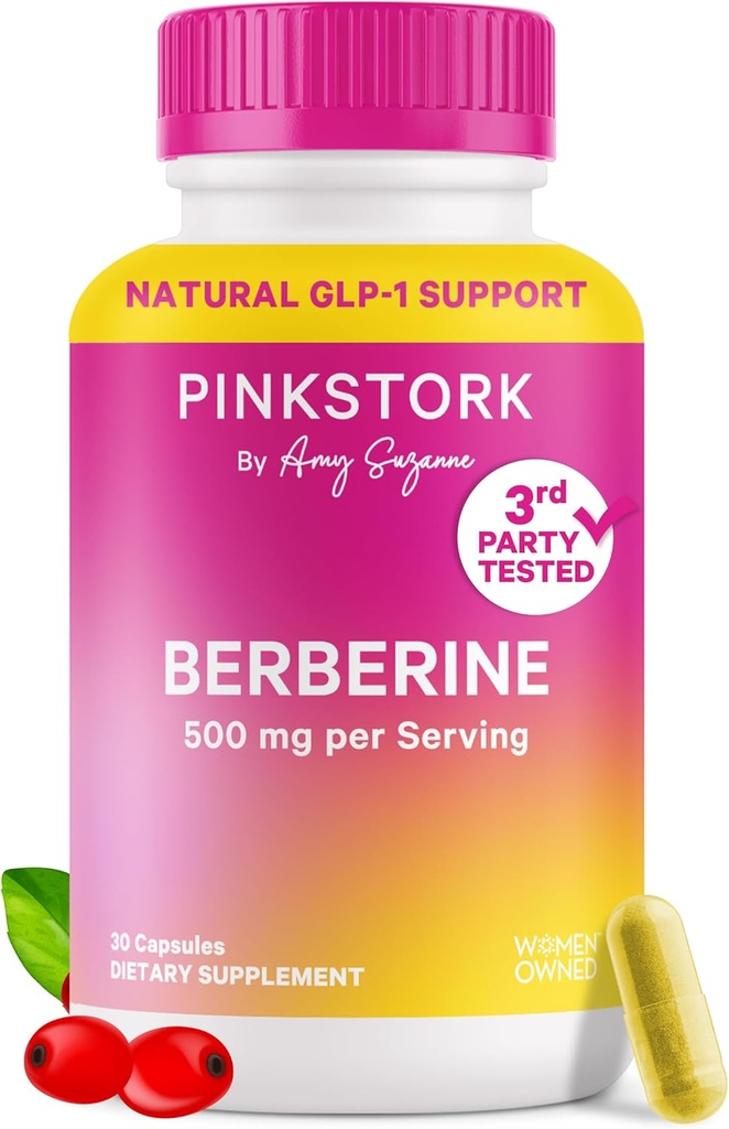 Pink Stork Berberine 500mg - Suplemento GLP-1 de la naturaleza - AMPK diario Activador metabólico - 500-1000 mg Metabolismo + Salud Gut para las mujeres sometidas a exámenes de terceras partes Vegan ← No-GMO sobrevivir 30 cápsulas