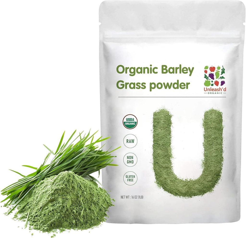 Polvo de cebada ORGANIC 1 Libra 100% Puro & Ecológico, Superalimentos Verdes ricos en vitaminas, minerales, fibras y antioxidantes