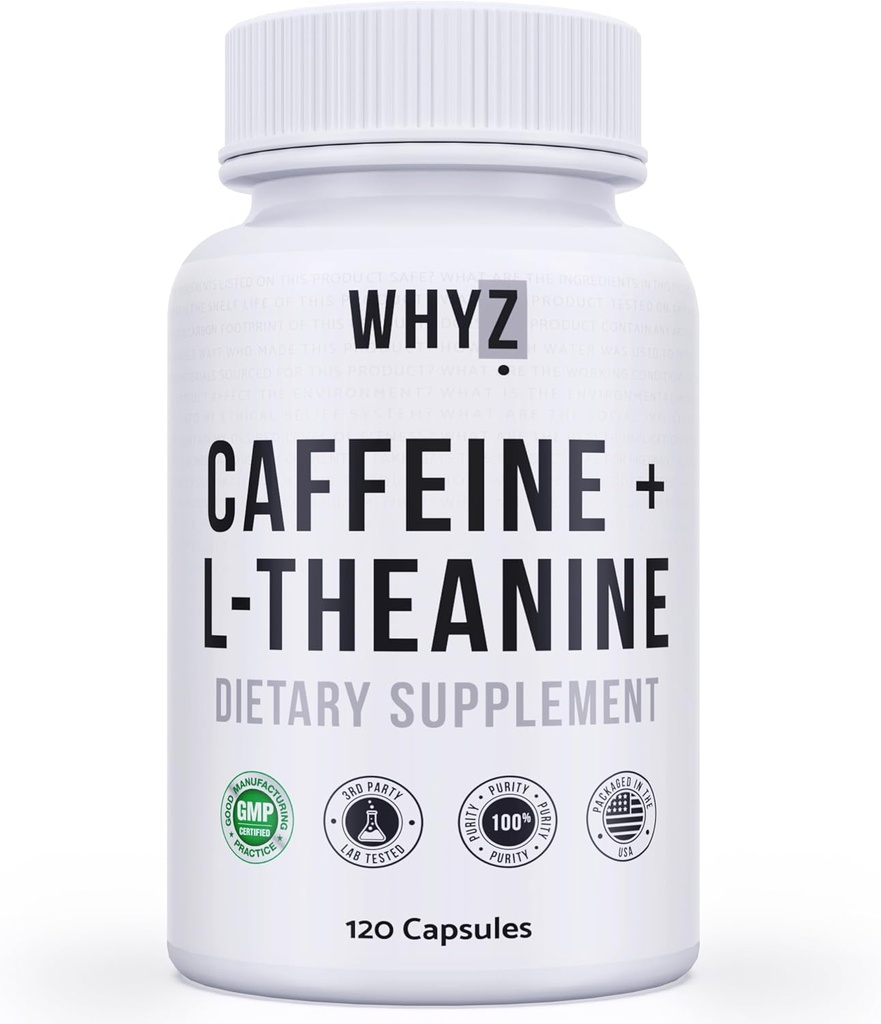 WHYZ Caffeine Pills with L-Theanine, 120 Capsules, Nootropic Stack Energy Pills, Energy Vitamins for Sustained Energy Focus " Cognitive Function, L Theanine Caffeine Energy Supplements for Women & Men