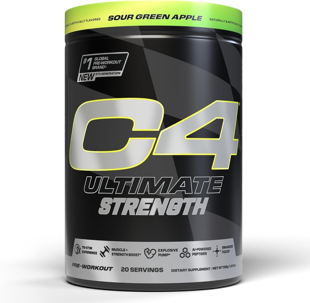 Cellucor C4 Ultimate Strength Pre Workout Powder - Tri-Stim Experience 300mg Caffeine+TeaCrine+Dynamine - Creatina " Beta-Alanina - Suplemento energético para hombres " - Manzana Verde, 20 Servimientos