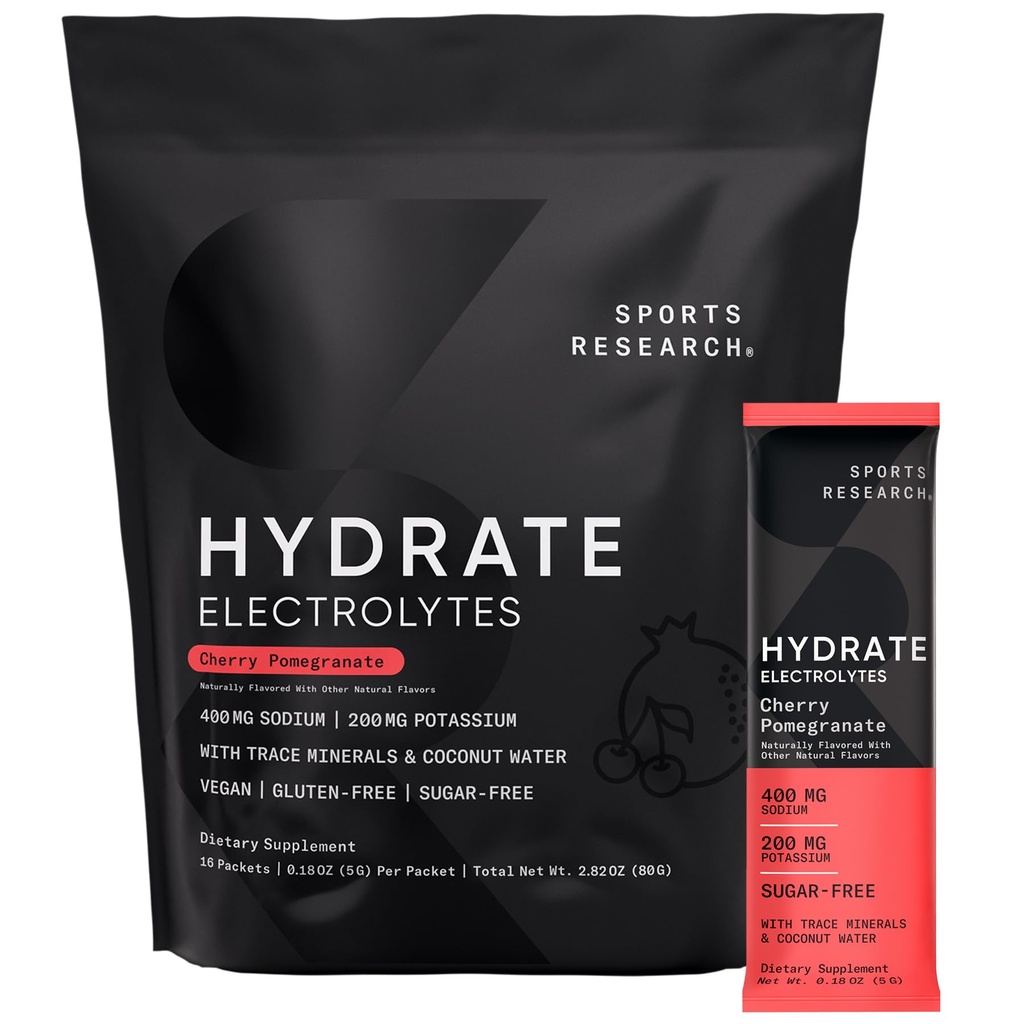 Estudios Deportivos Hydrate Electrolytes Powder Packets - Sin azúcar &amp; naturalmente saboreado con vitaminas, minerales y agua de coco - soporta hidratación - 16 Packets - Cereza Pomegranada