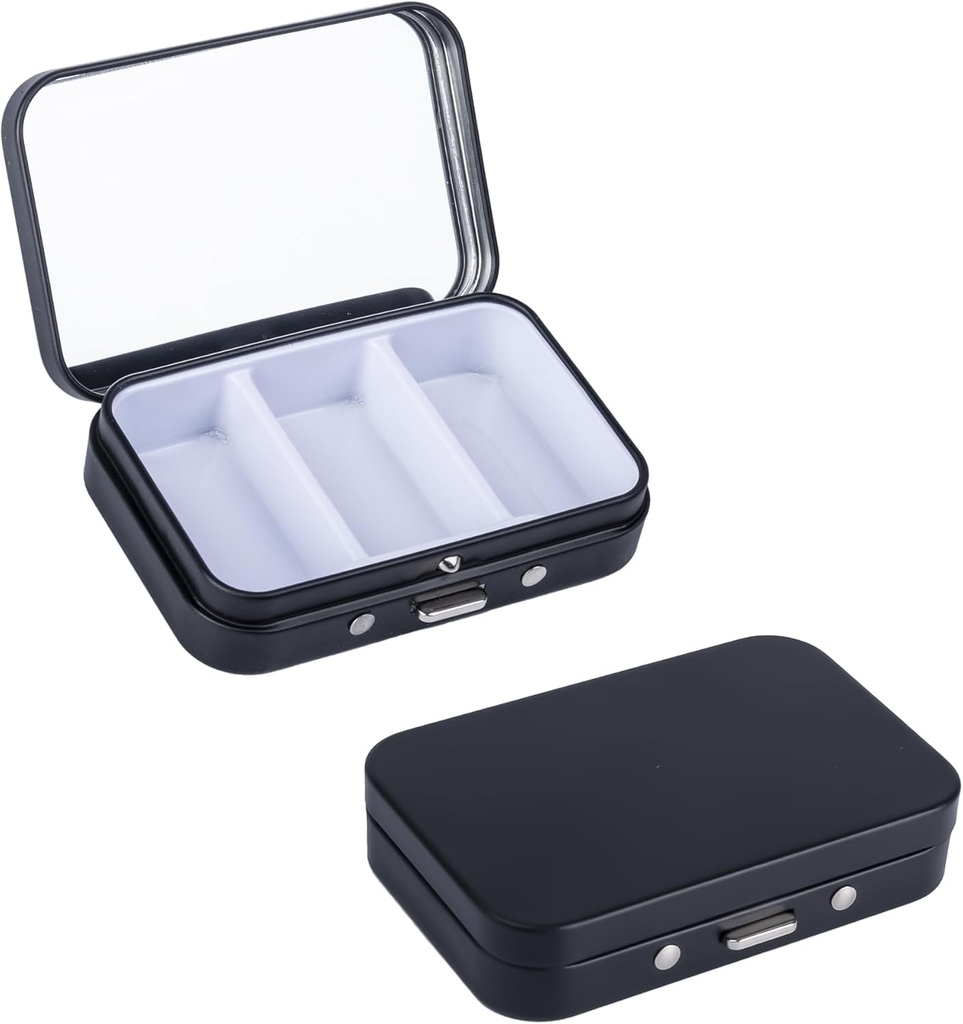 2Pack Pill Box 3 Compartamento Caja de Píldora, Caja de Píldora de Metal Portátil con Espejo para Medicina, Vitaminas, Aceite y Suplementos, Caja de Píldora Portátil para Bolsillo o Púrpura (Negro)