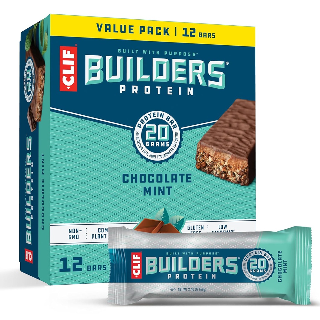CLIF BUILDERS Protein Bares - Chocolate Mint Flavor - 20g Plant Based Protein - Gluten Free - Non-GMO - Low Glycemic - No Sweeteners artificiales - Value Pack, 2.4 oz. (12 Conde)