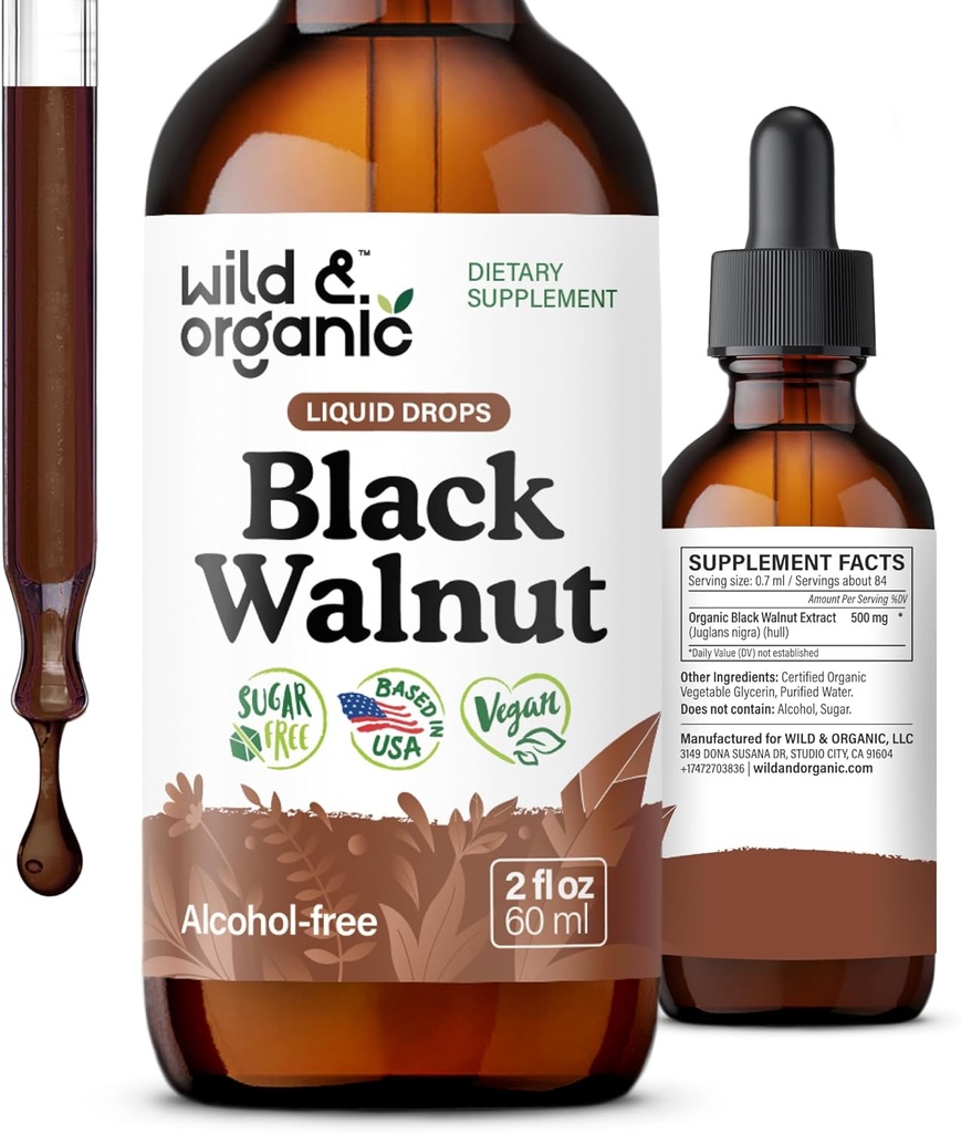 Tintura de nueces ecológicas y negras silvestres - Detox de limpieza con manguito de nuez negro - Suplemento herbario para Gut Detox Limpieza y Bienestar Digestivo - Vegan, Azúcar & Sin alcohol - 2 fl oz