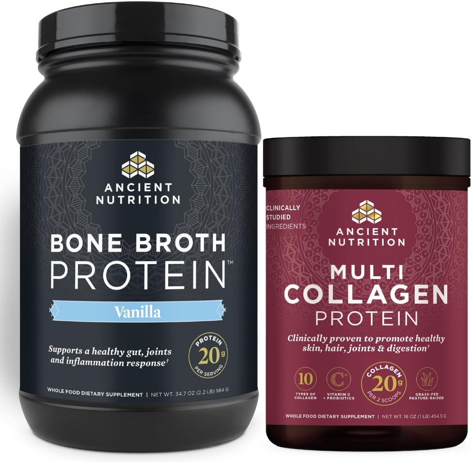 Antigua Nutrición Bono Broth Protein Powder, Vainilla, 40 Servimientos + Multi Collagen Protein Powder, Desarrollado, 45 Servimientos
