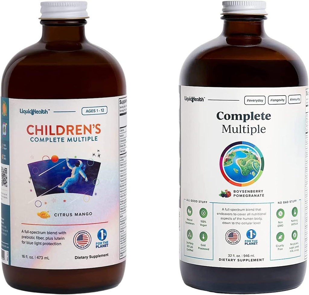 LIQUIDHEALTH Adult Complete Multiple & Children's Complete Multiple Daily Liquid Multivitamin Bundle for Family - Support Global Health, Boost Immune System - Made in USA, Whole Foods, Vegan, Non-GMO