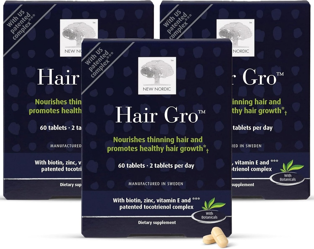 NUEVA GRUPO NORDIC de cabello, Suplemento de crecimiento del cabello, Biotina & Palm Fruit Extract Tocotrienols for Natural Regrowth, 60 Conde (Pack of 3)