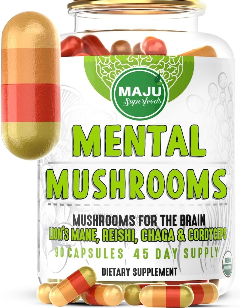 MENTAL Mushroom Capsules, Suplemento de Extracto Orgánico w / Mane de León, Cordyceps, Reishi y Chaga, Boost Your Focus, Energy, Wellness and Immune System - Nootropic Mushrooms, Immune Support 90ct