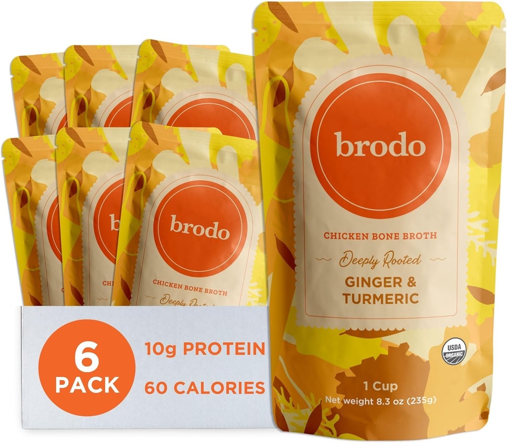 Brodo de pollo orgánico profundamente arraigado Broth con Turmeric " Ginger, Nutrient-Rich Bono Broth Orgánico, Alto en Proteína y Collagen para Bienestar y Cocina, (6X 8.3 oz. Pouches)