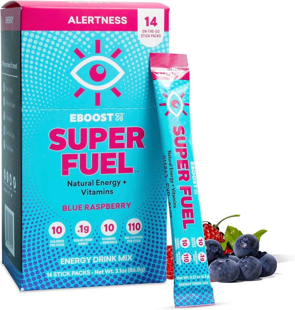 EBOOST Powder de bebida energética, Super Fuel - Blue Raspberry, 14 Packets - Pre-Workout Powder Energy Drink Mix - Natural Energy, L-Tyrosine, L-Theanine & Vitamins - Preworkout for Women & Men to Go
