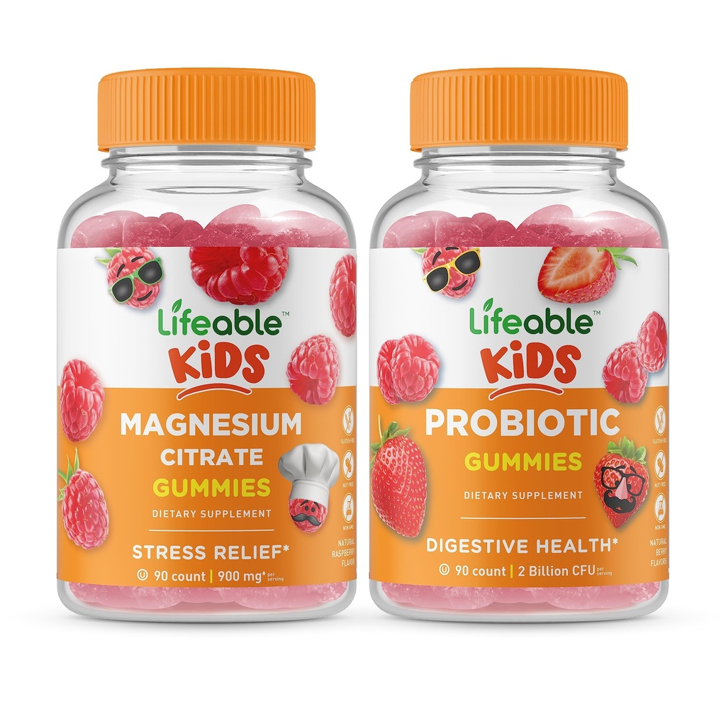Niños de Magnesio Vidable + Probiótico 2 Billones CFU Niños, Gummies Bundle - Gran Tasting, Suplemento de Vitamina, Gluten Gratis, GMO Gratis, Chewable Gummy