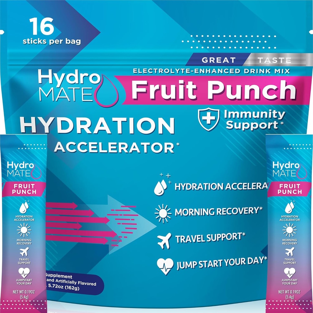HydroMATE Electrolyte Powder Fruit Punch Hydration Packets Low Sugar 16 Cuenta