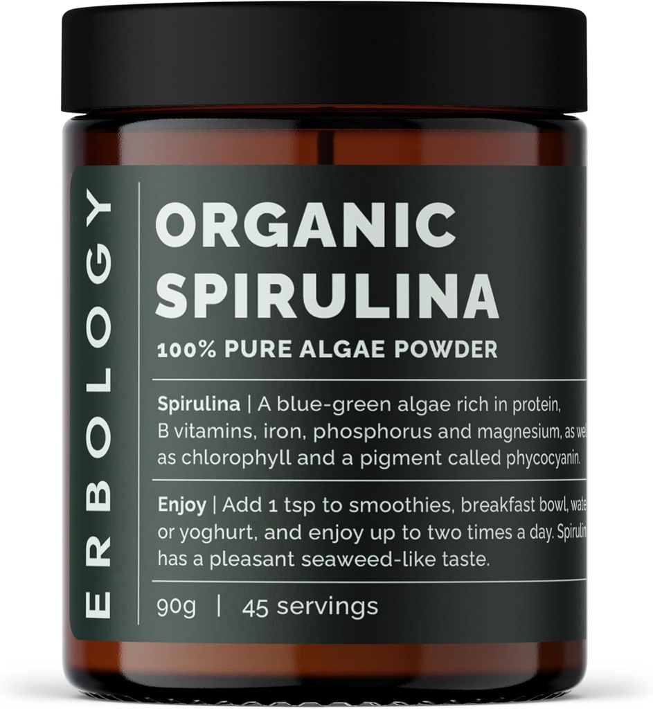 Erbology Organic Spirulina Powder 3.2 oz - 45 Servings - Sosteniblemente Fuente en Portugal - Energy and Immunity Support - Rich in Chlorophyll, B Vitamins, Iron and Phosphorus - Vegan - GMO-Free
