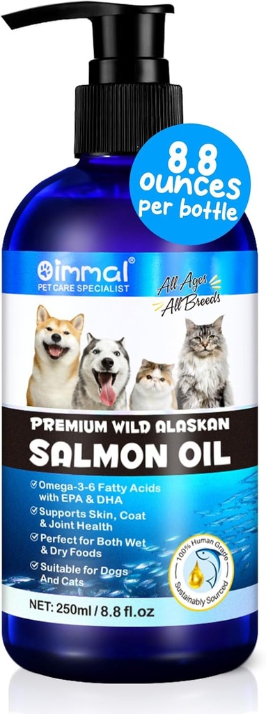 Aceite de salmón de Alaska para perros " gatos (8.8 oz) - Puro Omega 3 Aceite de pescado con ácidos grasos Omega 6, EPA " DHA - Antiinflamación para perros Skin and Coat - Natural Pet Joint, Immune, Brian & Heart Supplement