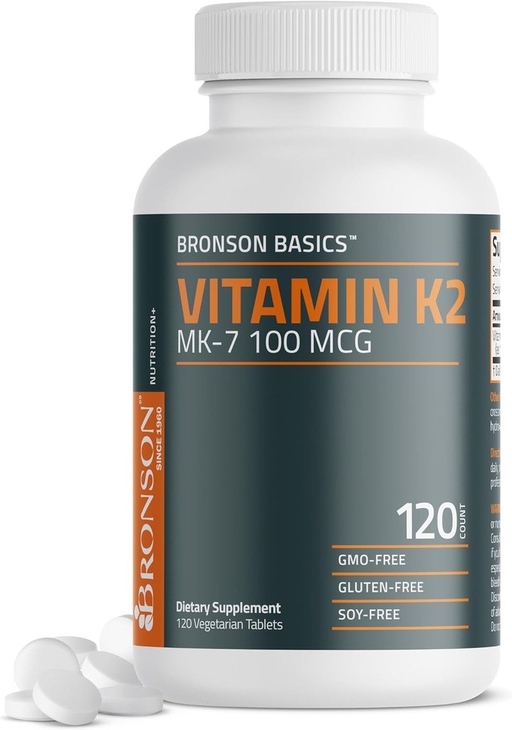 Bronson Vitamina K2 MK-7 100 MCG, K2 como MK7 Menaquinone, Bone Support Non-GMO, 120 Tablets