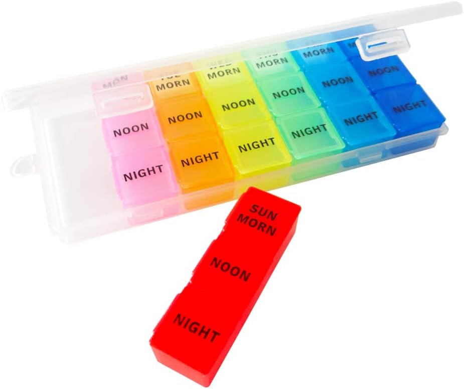 Organizador semanal de píldoras, 3 veces al día, caja de 7 días, dispensador de cajas de carga de prescripción de viajes portátil, contenedores de aceite de vitamina pescado, diariamente calcium DHA