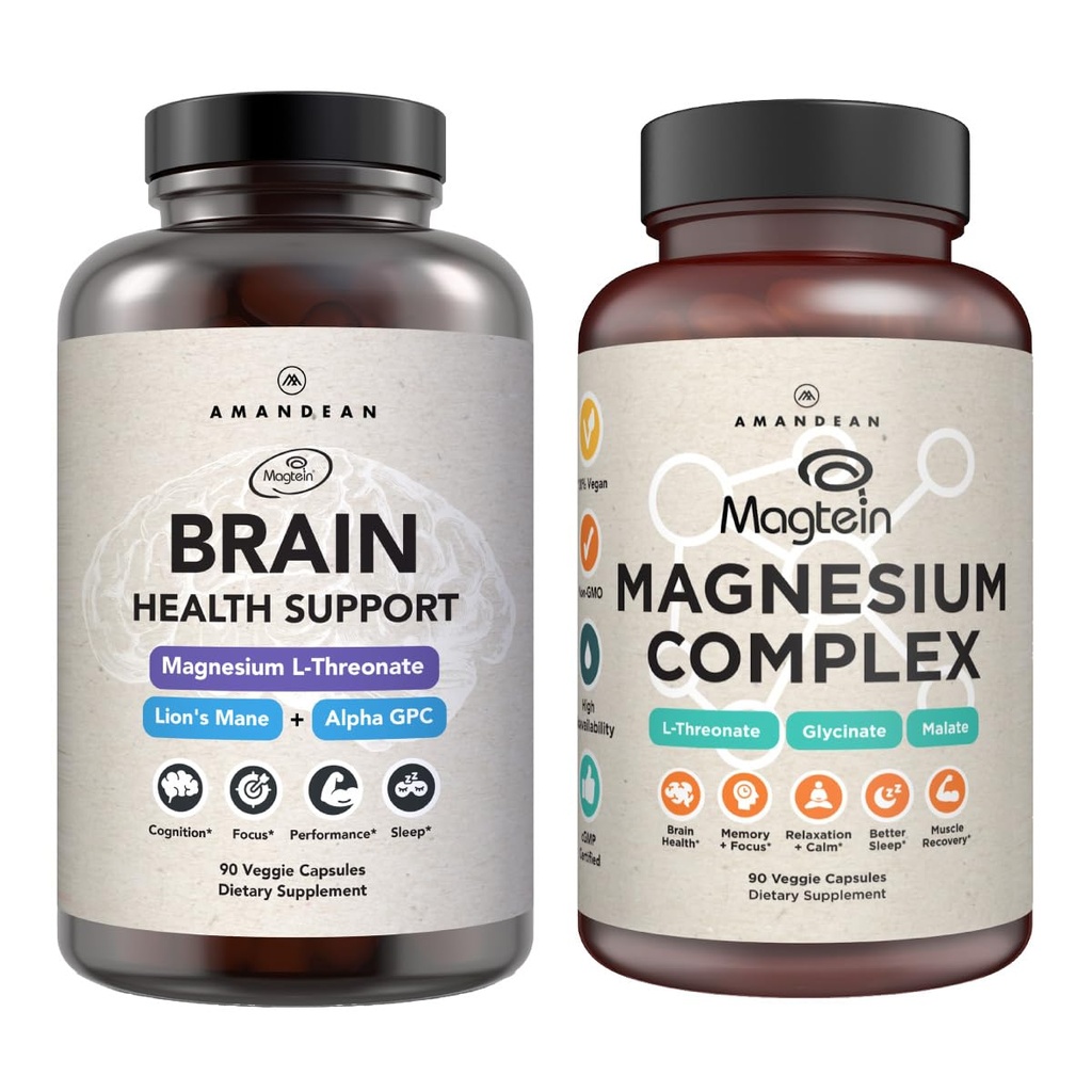 AMANDEAN Premium Brain &amp; Magnesium Bundle: High-Absorption Magnesium L-Threonate, Glycinate & Malate, USA-Grown Organic Lion’s Mane 6:1 Extract, and Alpha-GPC. Apoya la salud cognitiva, enfoque " sueño