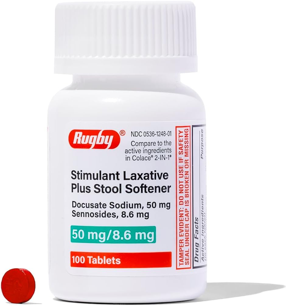 Rugby Stimulant Laxative Plus Stool Softener Docusate Sodium 50 mg/Sennosides 8.6 mg - Tablas laxantes para el alivio del estreñimiento - Suavizadores de heces para mujeres, hombres y niños - 100 tabletas