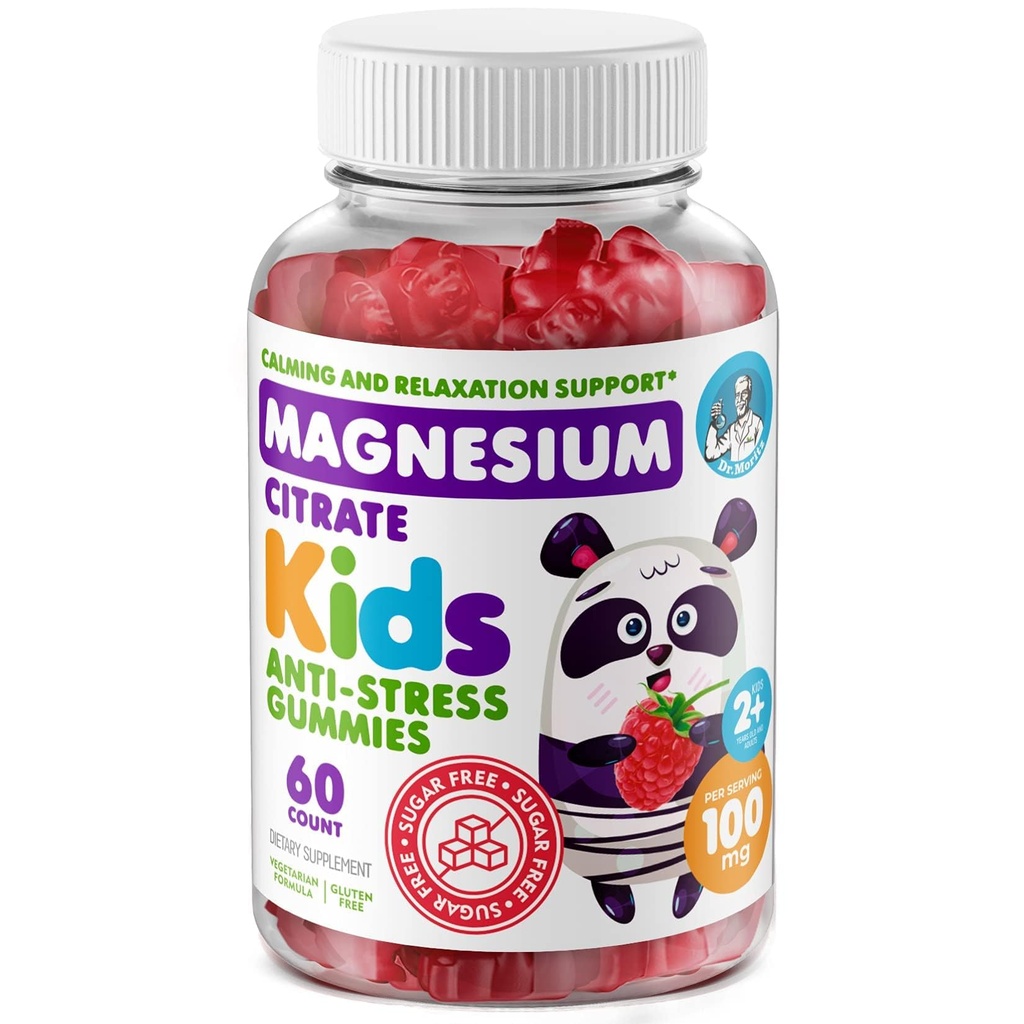 DR. MORITZ Gafas de magnesio de calma libre de azúcar para niños y adultos - Gummies de magnesio para niños no transgénicos - Raspberry Flavor - 1-Pack (60 Cuenta)