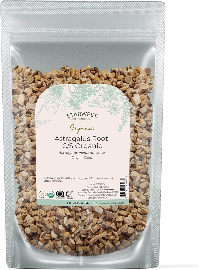 [BRSWIFQ4CEARQDTM] Starwest Botanicals Organic Astragalus Root - Dried Herb for Tea, Natural Immune Support, Cut " Sifted, Promotes Wellness, Certified Kosher, Non-GMO - 4 oz Pouch